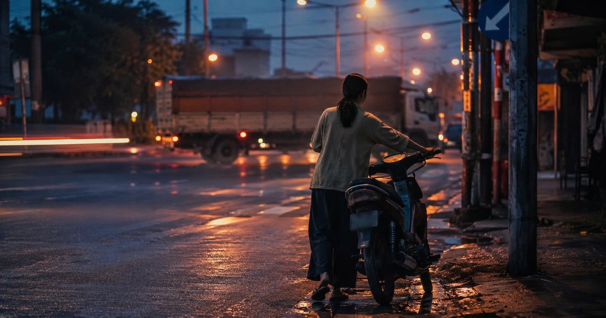 Người phụ nữ dắt xe máy dừng bên đường — định vị bản thân khi kinh doanh