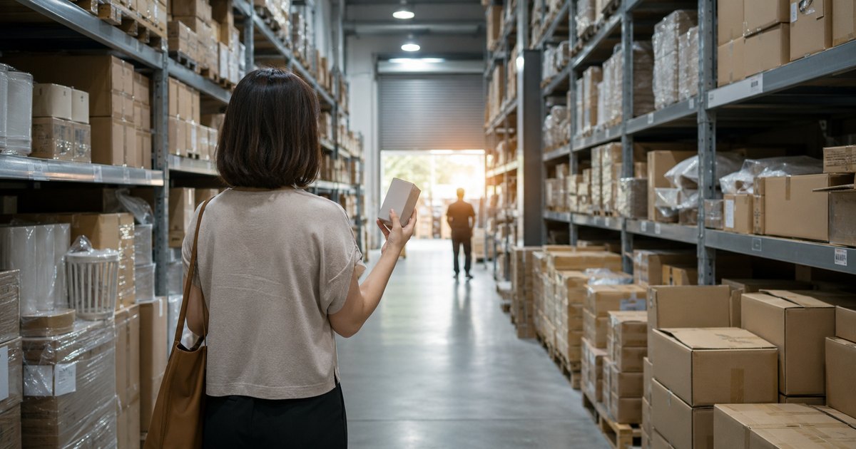 Người phụ nữ đứng trong kho hàng gia dụng bán buôn, cầm hộp hàng lên xem trước khi lấy sỉ