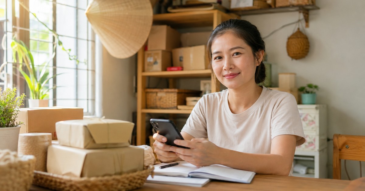 Phụ nữ Việt tự chủ kinh tế bán hàng online tại nhà, bên cạnh các kiện hàng gia dụng — minh hoạ bài 4 mô hình bán hàng online